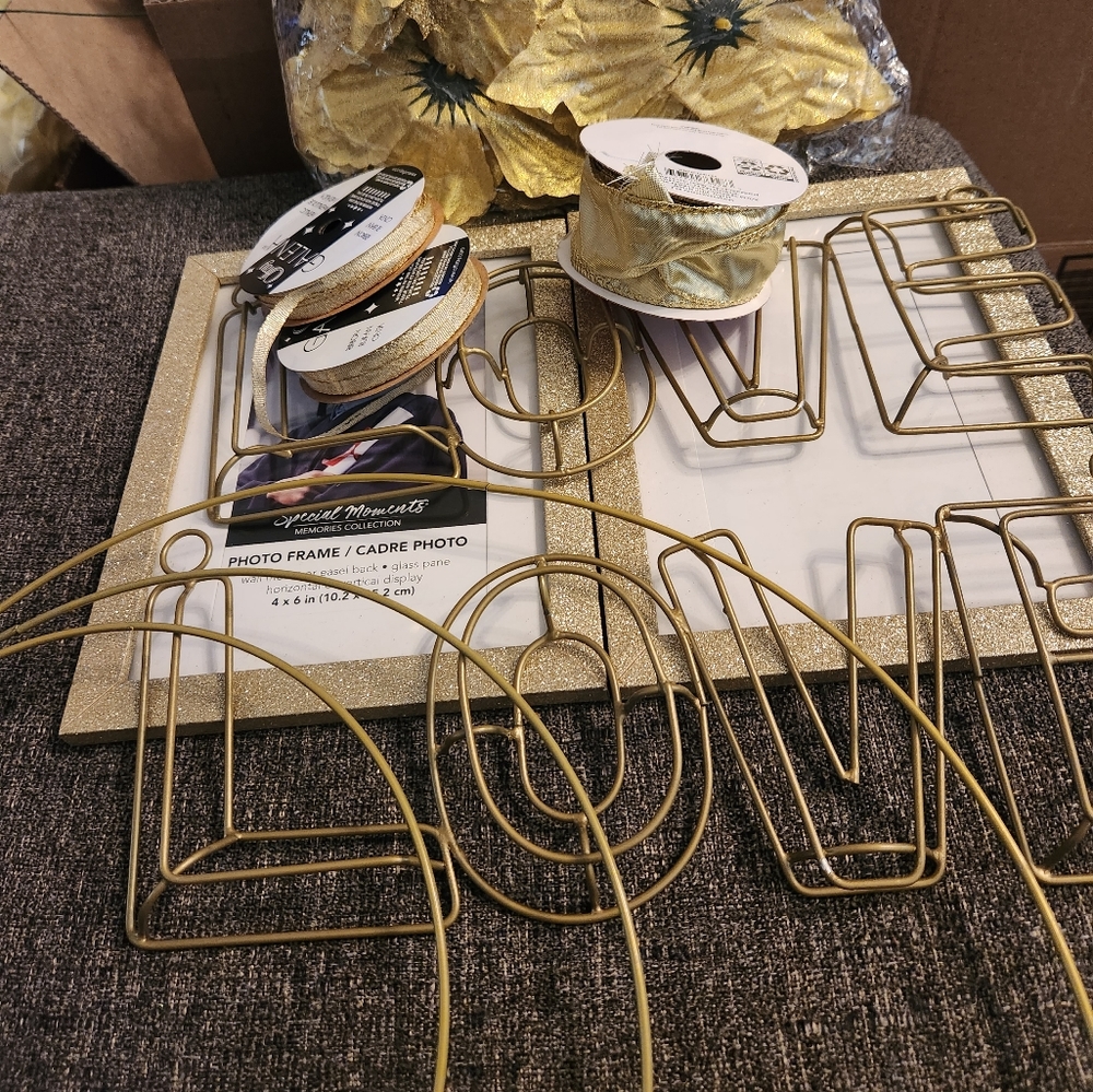 Wedding decorations gold (frames, ribbon, backdrop)